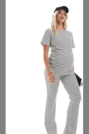 Mama;licious Mamalicious maternity ribbed over the bump flared trouser co-ord in stripe