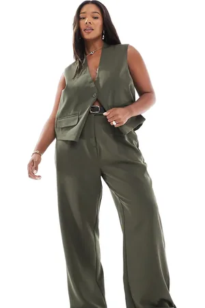 Pieces® Pieces Curve tailored multiway button leg trouser co-ord in khaki