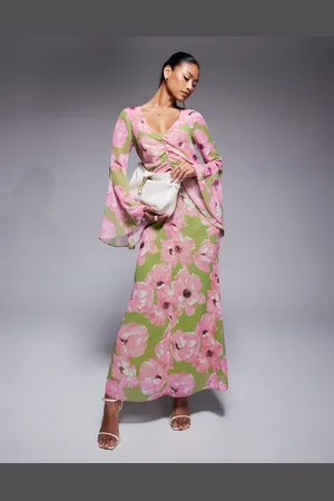 ASOS V neck ruched front maxi dress in pin floral print