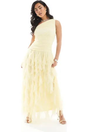 Lace & Beads Bridesmaid one shoulder waterfall ruffle maxi dress in buttercup