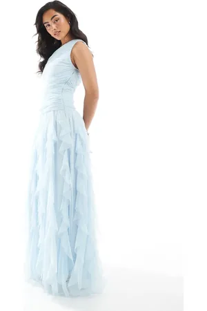 Lace & Beads Bridesmaid one shoulder waterfall ruffle maxi dress in powder