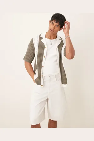 ASOS Relaxed knitted revere neck button through crochet polo in sage green and ecru