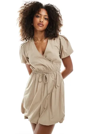 New Look Puffball wrap mini dress in camel