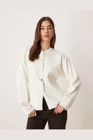 ASOS Knitted structured crew neck cardigan with gold buttons in cream