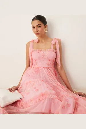 Lace & Beads Bow shoulder shirred ruffle midi dress in floral