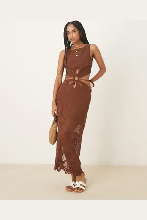 ASOS Floral embroidered cut out maxi dress in chocolate