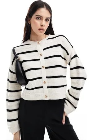 ASOS Knitted crew neck cardigan in textured stitch with gold buttons in stripe