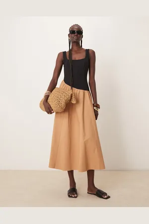 ASOS Square neck hybrid maxi dress with asymmetric dropped waist in black and tan