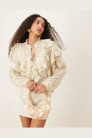Never Fully Dressed Boho ruffle metallic jacquard blouse in cream and gold