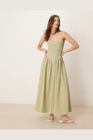 ASOS Scoop neck crinkle maxi dress with cross back in green gingham