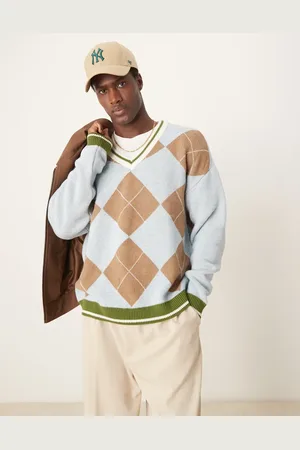 ASOS Relaxed knitted jumper in blue and brown argyle pattern