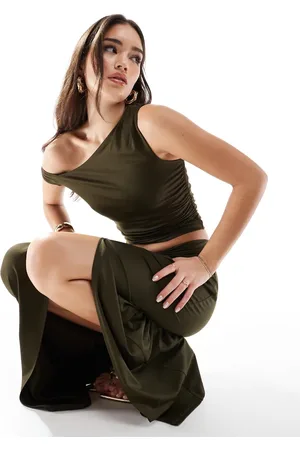 4th & Reckless Double layered slinky off shoulder twist strap ruched crop top co-ord in khaki