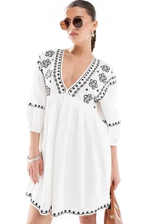New Look Embroidered smock mini dress in