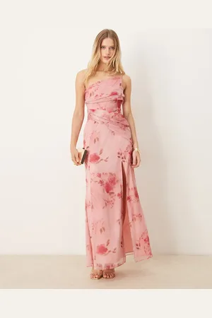 ASOS One shoulder draped maxi dress in pink floral print