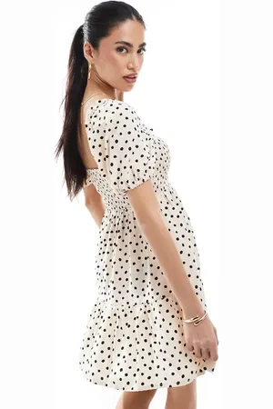 New Look Spot milkmaid mini dress in cream