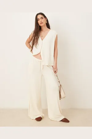 ASOS Textured knit wide leg trouser in cream