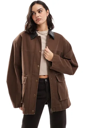 ASOS Oversized washed barn jacket with leather look collar in mushroom