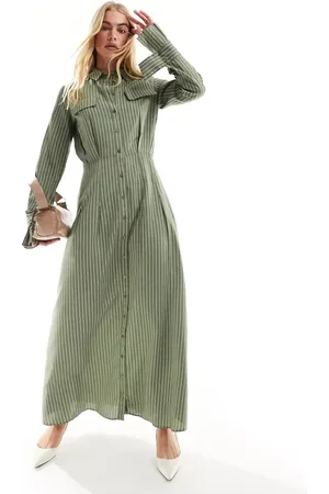 ASOS Tie up cuff detail maxi shirt dress in olive stripe