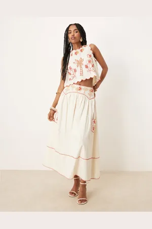 Never Fully Dressed Embroidered cotton midaxi skirt co-ord in cream and red