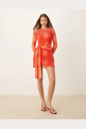 Never Fully Dressed Long sleeve mesh mini dress in and orange