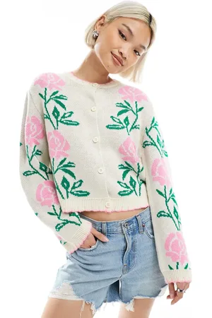 Miss Selfridge Pink floral blanket stitch knitted cardigan in cream