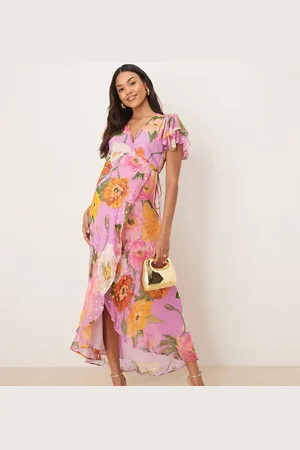 HOPE & IVY Frill sleeve maxi wrap dress with tie waist in print