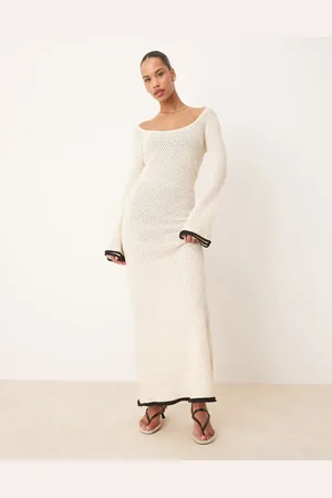 Pretty Lavish Contrast frill sleeve knit maxi dress in cream