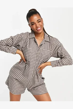 ASOS ASOS DESIGN textured check oversized romper playsuit in brown