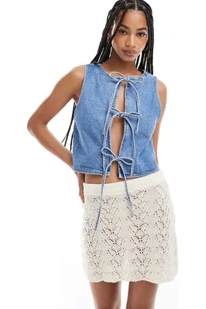 Miss Selfridge Tie front denim waistcoat in mid wash