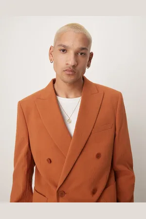 ASOS Slim double breasted suit jacket in rust crinkle texture