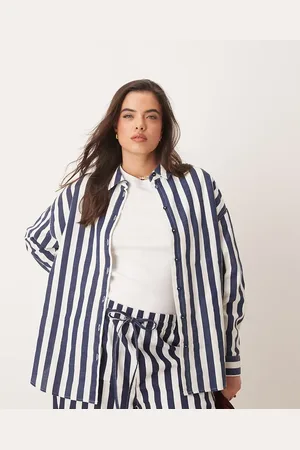 ASOS Curve oversized linen look shirt co-ord in navy stripe