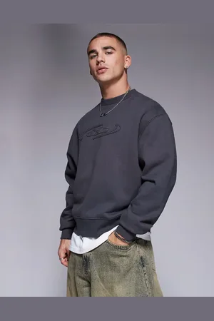 ASOS Premium heavyweight 400gsms boxy oversized crew with chest print and raw edqe applique in charcoal - CHARCOAL