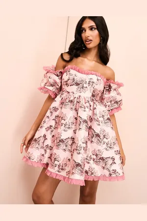 ASOS Floral jacquard off shoulder puff sleeve mini skater dress with organza trim in floral