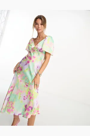 New Look Flutter sleeve satin midi dress in yellow and pink floral