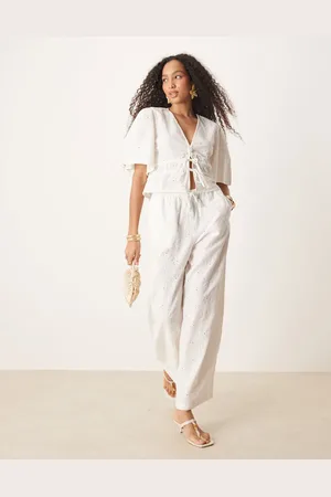 ASOS Pull on floral embroidery trousers co-ord in off