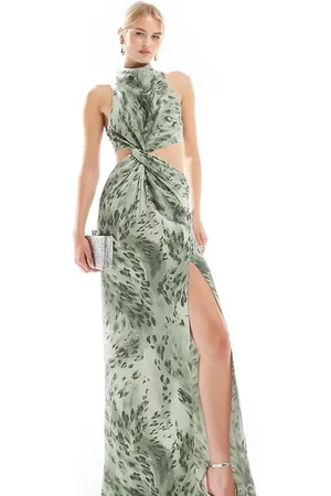 ASOS ASOS DESIGN Tall racer neck maxi dress with twist waist detail in abstract leopard print