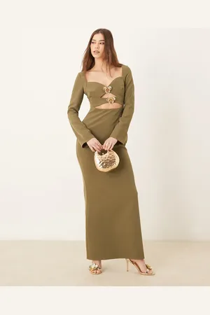 Pretty Lavish Removable gold trim crepe maxi dress in olive