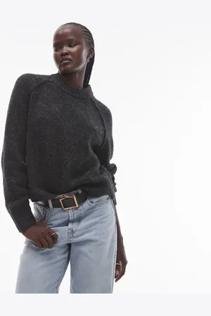 Topshop WS knitted crew with raglan and exposed seam jumper in charcoal