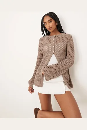 ASOS Slash neck open crochet knit cardigan in mocha