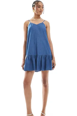ONLY Dropped waist chambray mini dress in mid