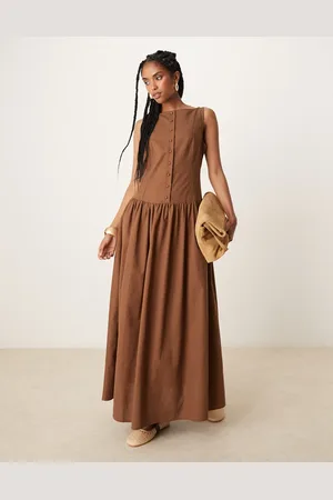 ASOS Slash neck button down dropped waist maxi dress in chocolate