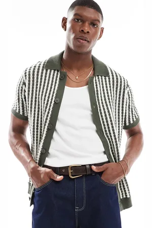 New Look Striped retro knitted shirt in khaki and white