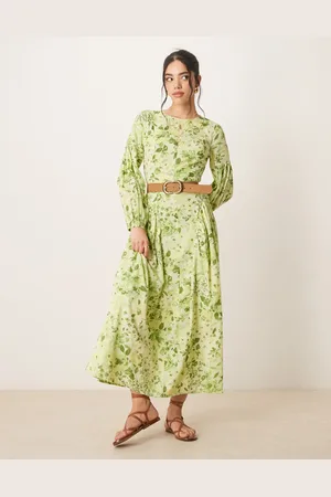 ASOS Linen maxi dress with voile godets in green floral print