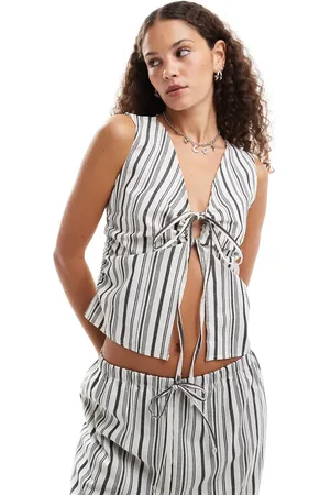 COLLUSION Stripe linen look shirred tank top with tie side co-ord