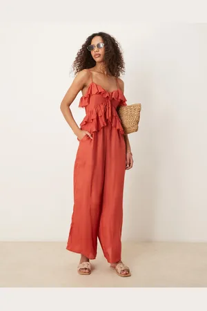 ASOS Ruffle micro bust viscose jumpsuit with shirred back in rust