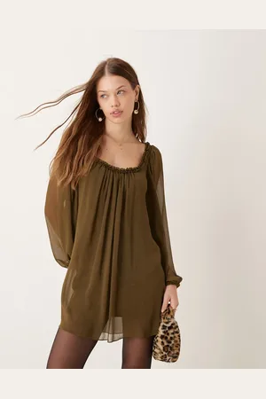 ASOS Ruffle neck mini smock dress in khaki