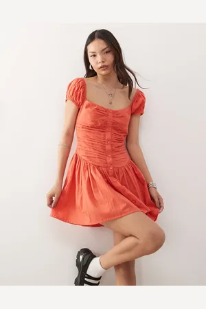 Reclaimed Square neck dropped waist mini summer dress in tangerine red