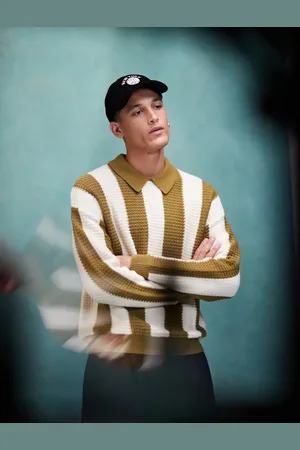 ASOS Relaxed boxy fit knitted polo jumper in khaki stripe