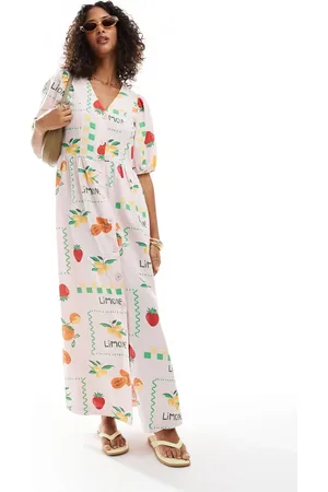 Pieces® Puff sleeve button frontmaxi dress in pale based fruit print
