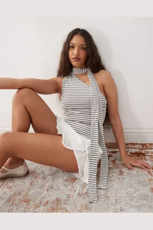 Weekday Iza one shoulder halter top in and grey stripe